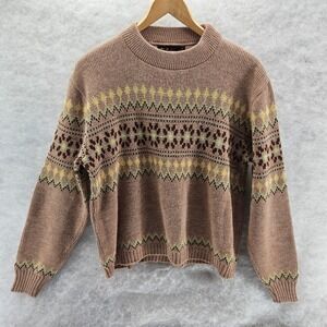 Fersild Mens M Tan Beige Fair Isle Geometric Pattern Mock Neck Sweater Knit Vtg